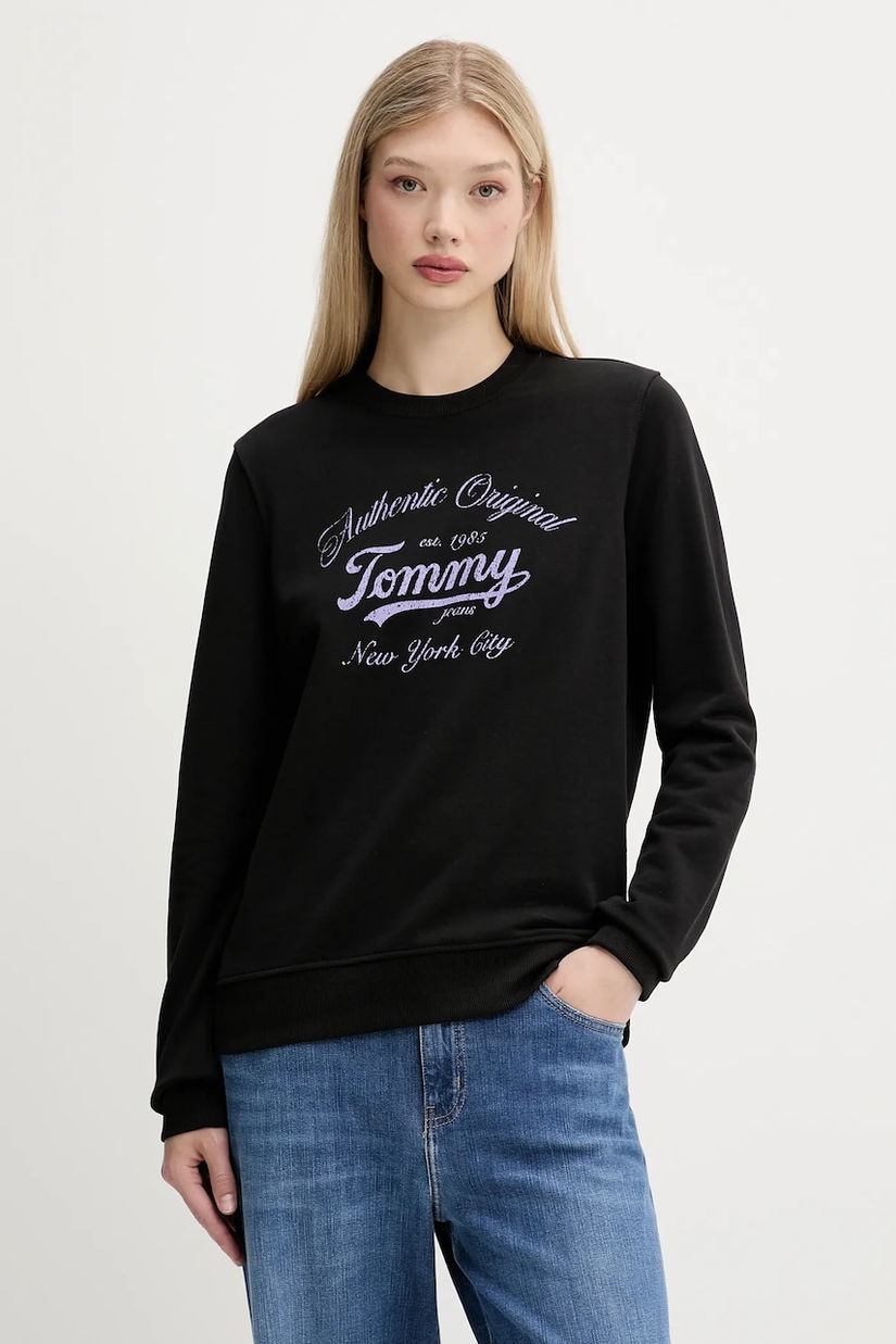 Tommy Jeans hanorac de bumbac culoarea negru, cu imprimeu, DW0DW20942