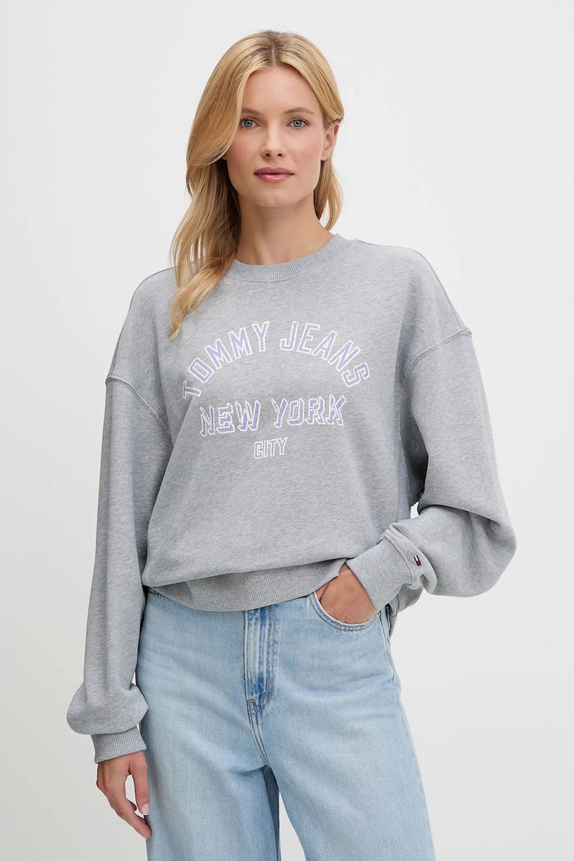 Tommy Jeans hanorac de bumbac culoarea gri, cu imprimeu, DW0DW21202