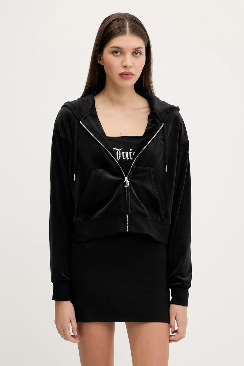Juicy Couture bluză din velur BRENDAL CROP OVERSIZED HOODIE culoarea negru, cu glugă, uni, JCBAS225801