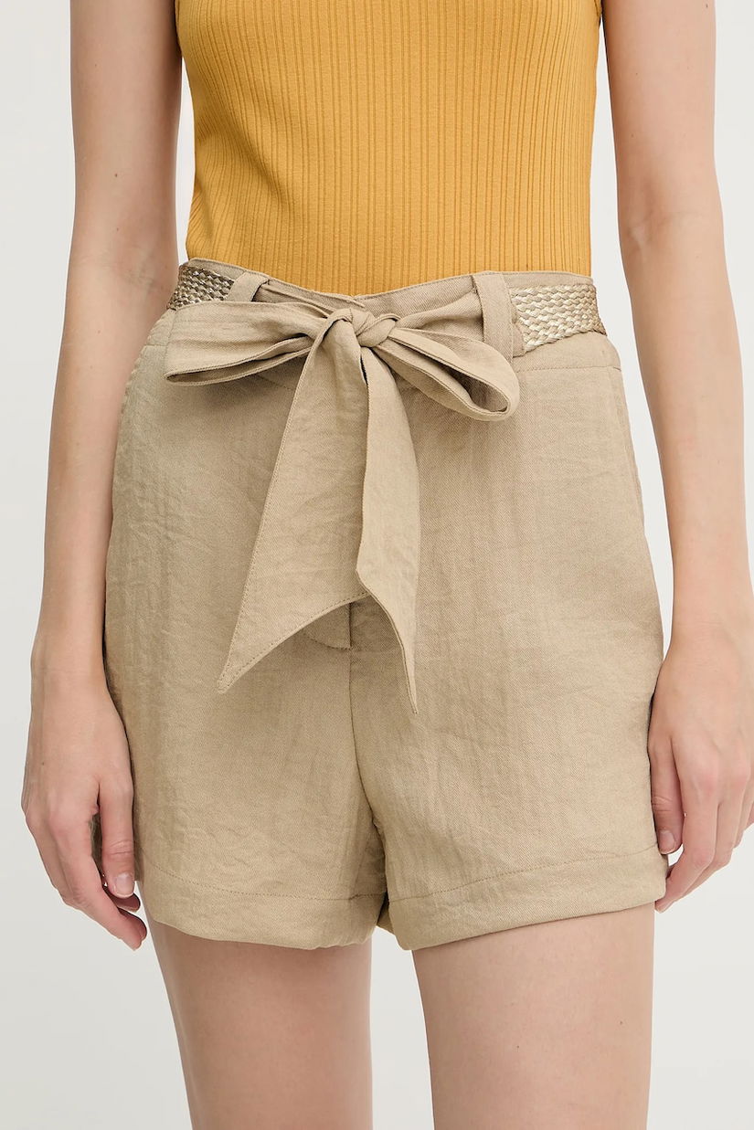 Morgan pantaloni scurți culoarea bej, uni, high waist, SHAVIK