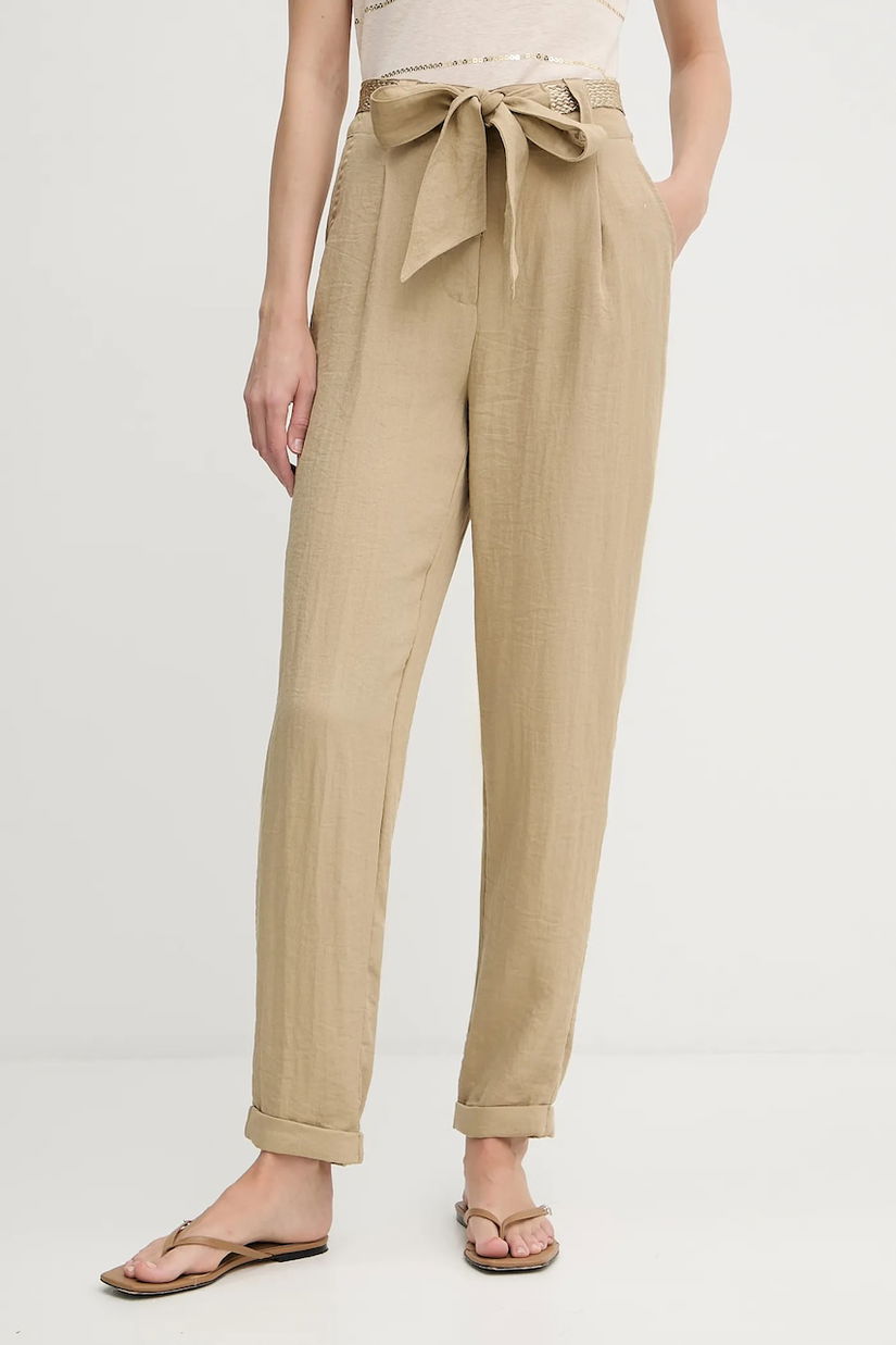 Morgan pantaloni culoarea bej, drept, high waist, PAVIK