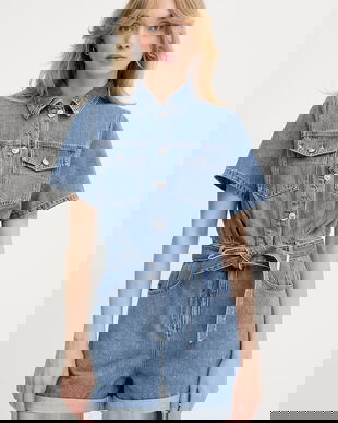 Morgan salopetă jeans bumbac, cu guler, SHELOR