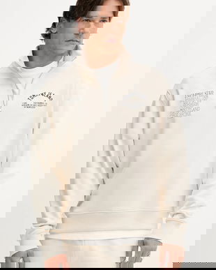 Tommy Jeans hanorac de bumbac culoarea bej, cu imprimeu, DM0DM21797