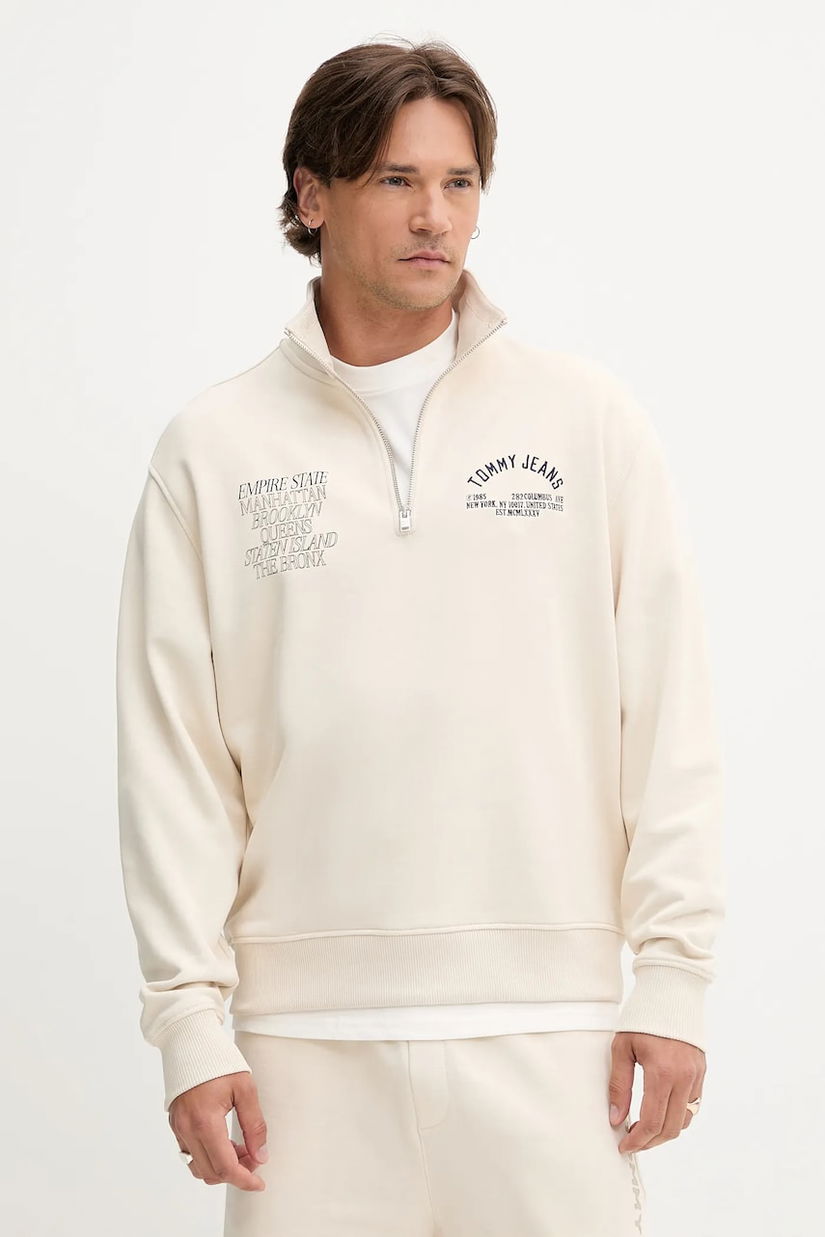Tommy Jeans hanorac de bumbac culoarea bej, cu imprimeu, DM0DM21797