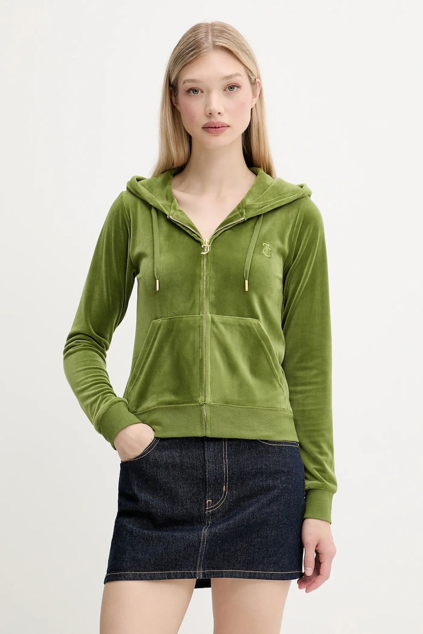 Juicy Couture bluză ROBERTSON HOODIE culoarea verde, cu glugă, cu imprimeu, JCAP176G