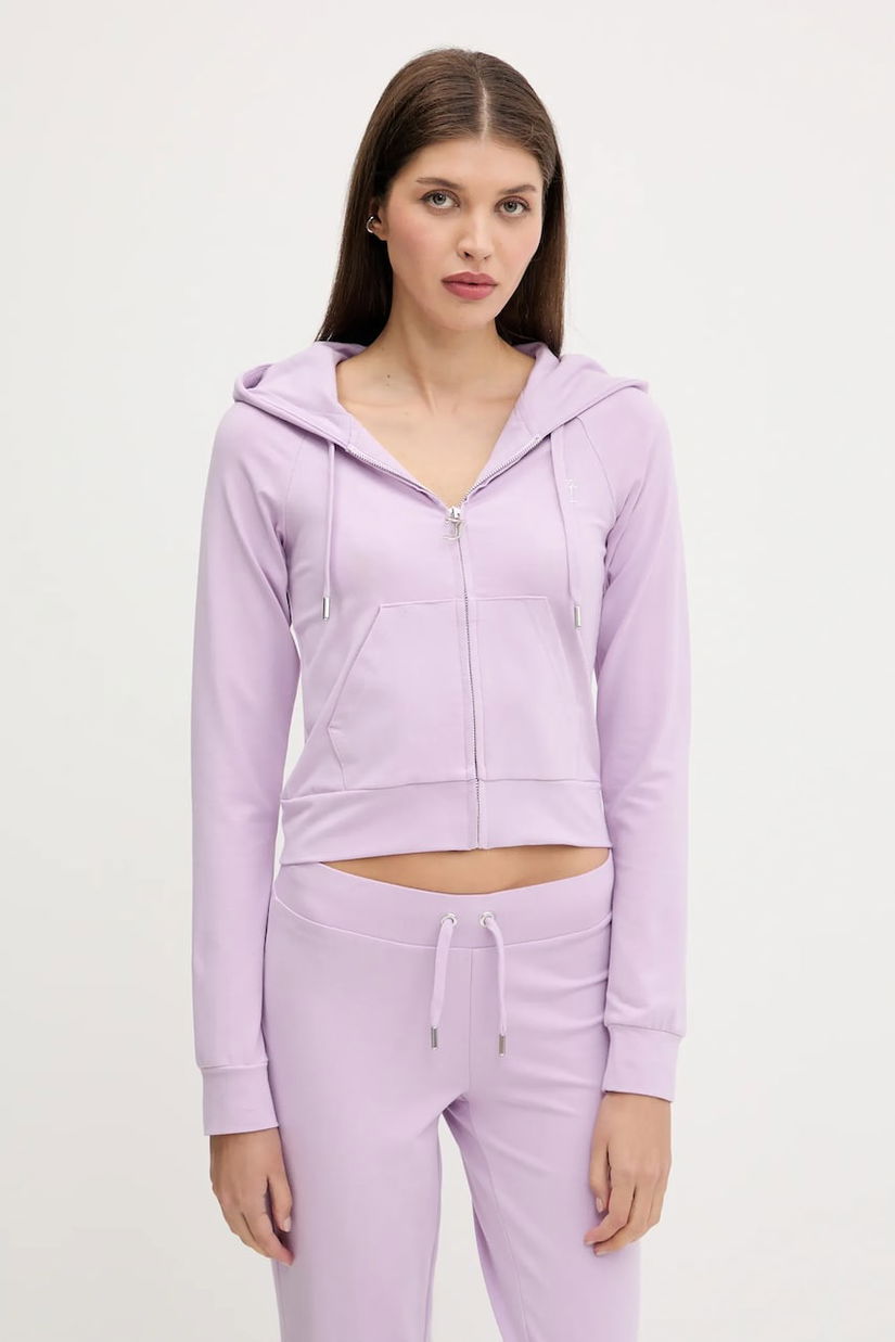 Juicy Couture bluză SINGLE JERSEY OLA HOODIE culoarea violet, cu glugă, cu imprimeu, JCWAS125310