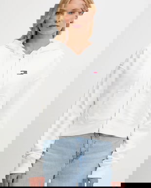 Tommy Jeans hanorac de bumbac culoarea alb, cu glugă, cu imprimeu, DW0DW21147