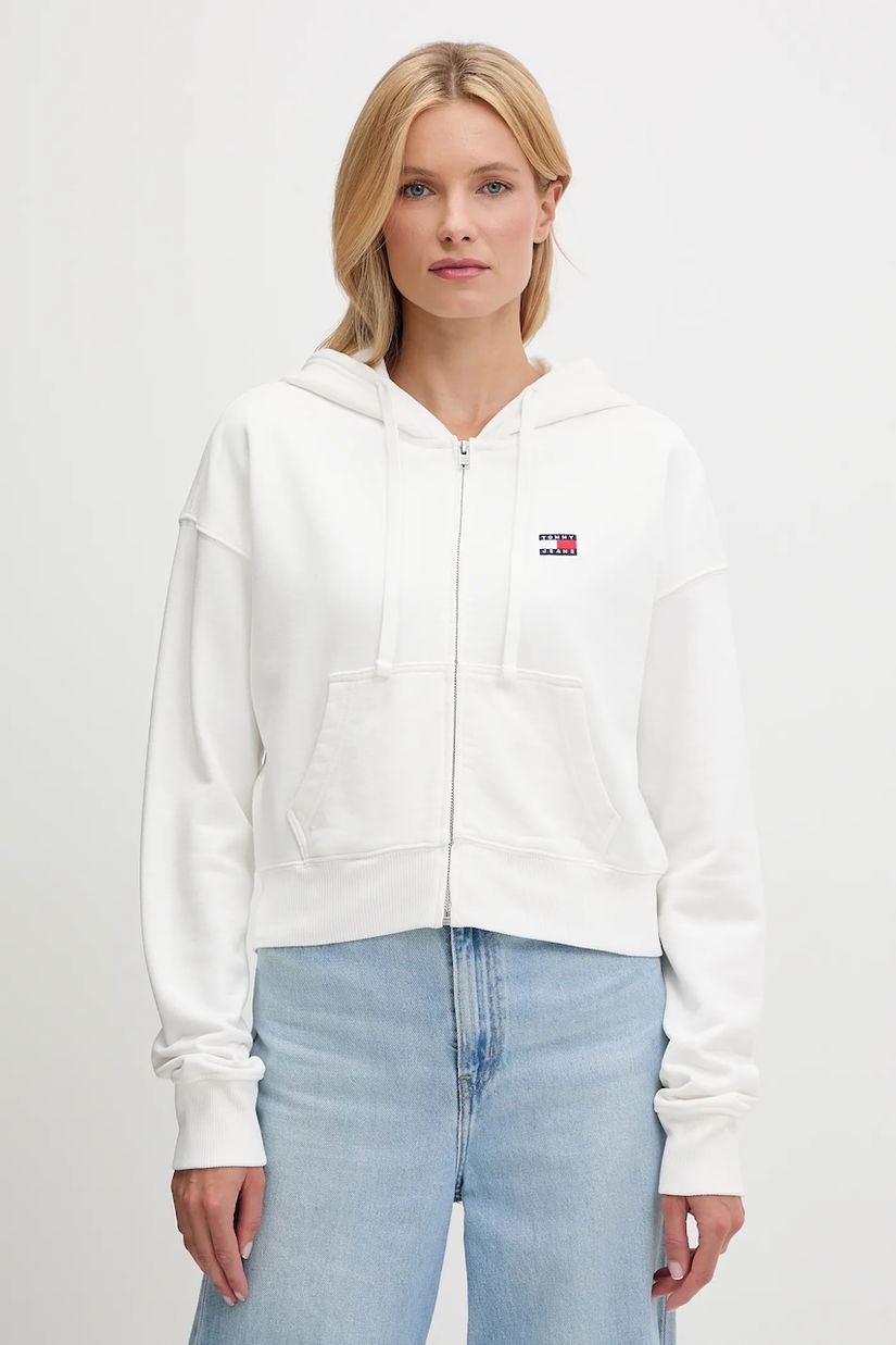 Tommy Jeans hanorac de bumbac culoarea alb, cu glugă, cu imprimeu, DW0DW21147