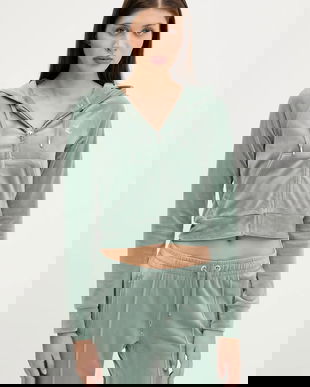 Juicy Couture bluză culoarea verde, cu glugă, cu imprimeu, JCWA122001