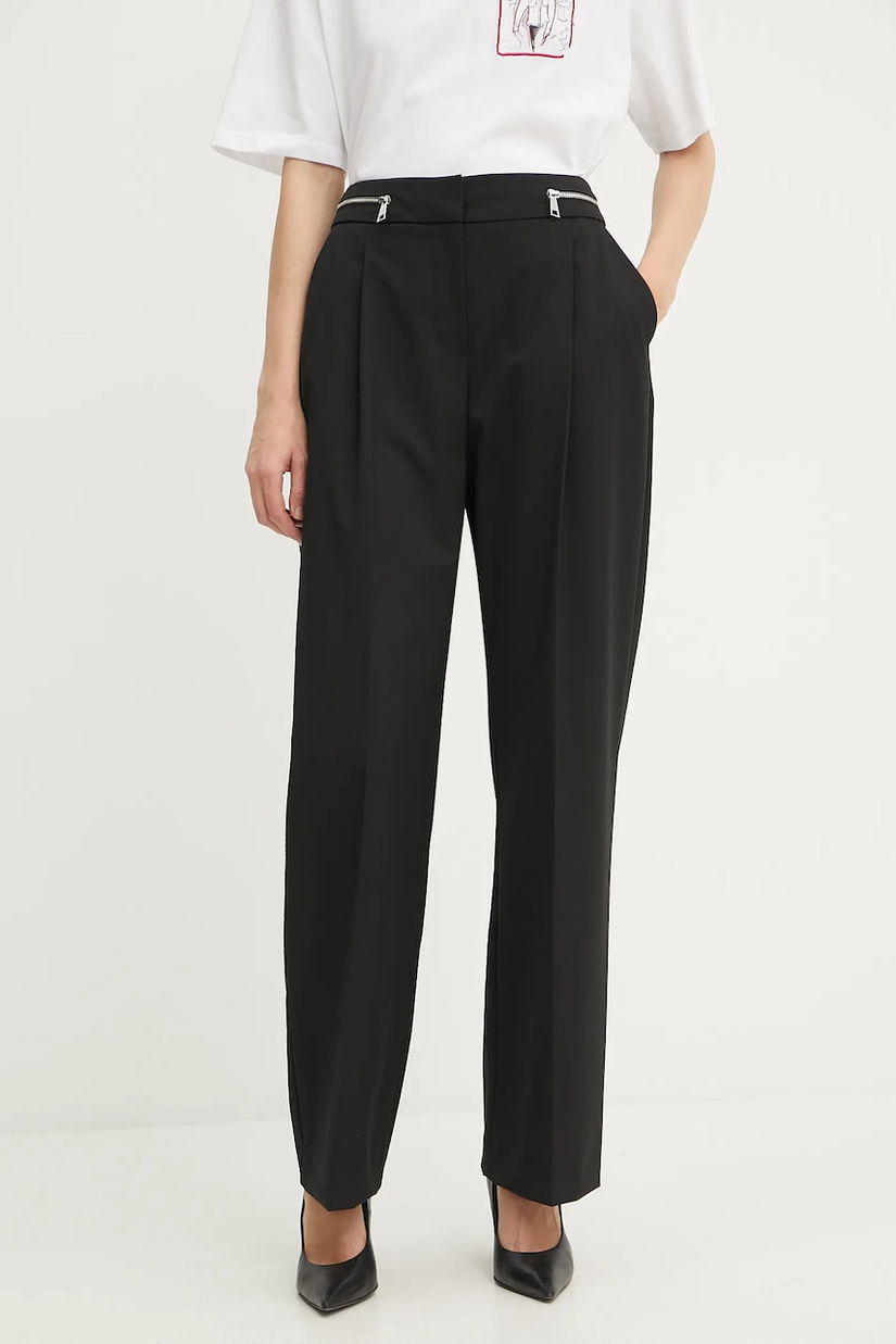 Karl Lagerfeld pantaloni din lână culoarea negru, drept, high waist, A3W10099