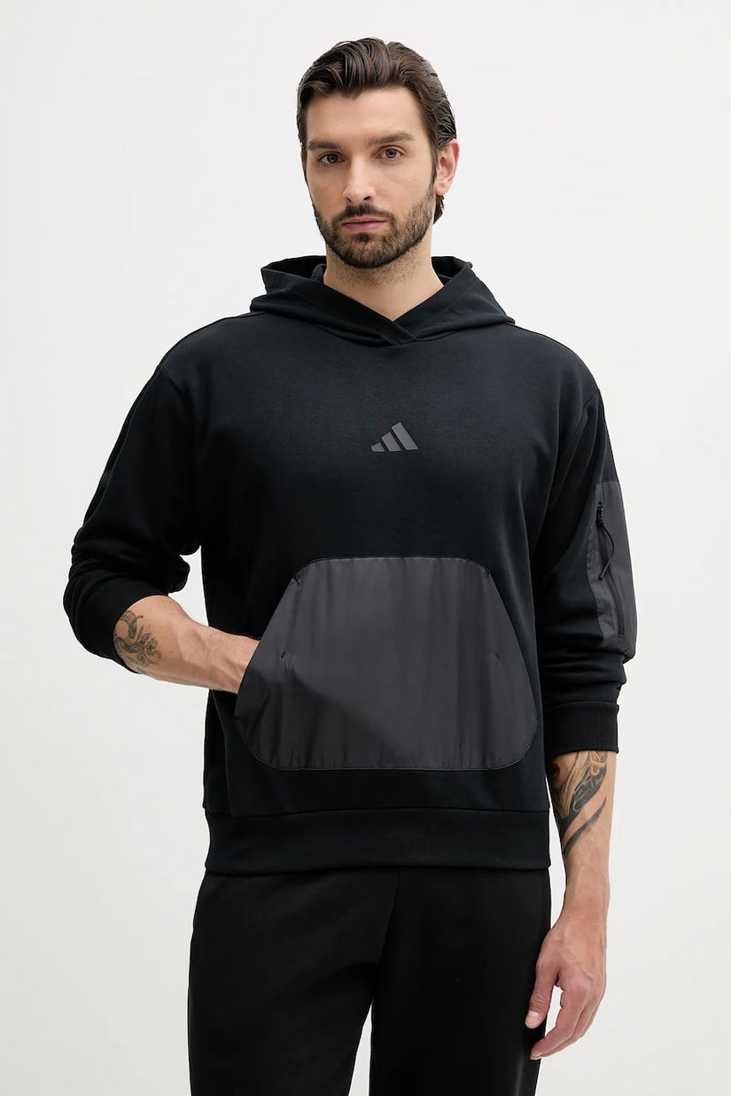 adidas bluză City Escape culoarea negru, cu glugă, cu imprimeu, JF3279