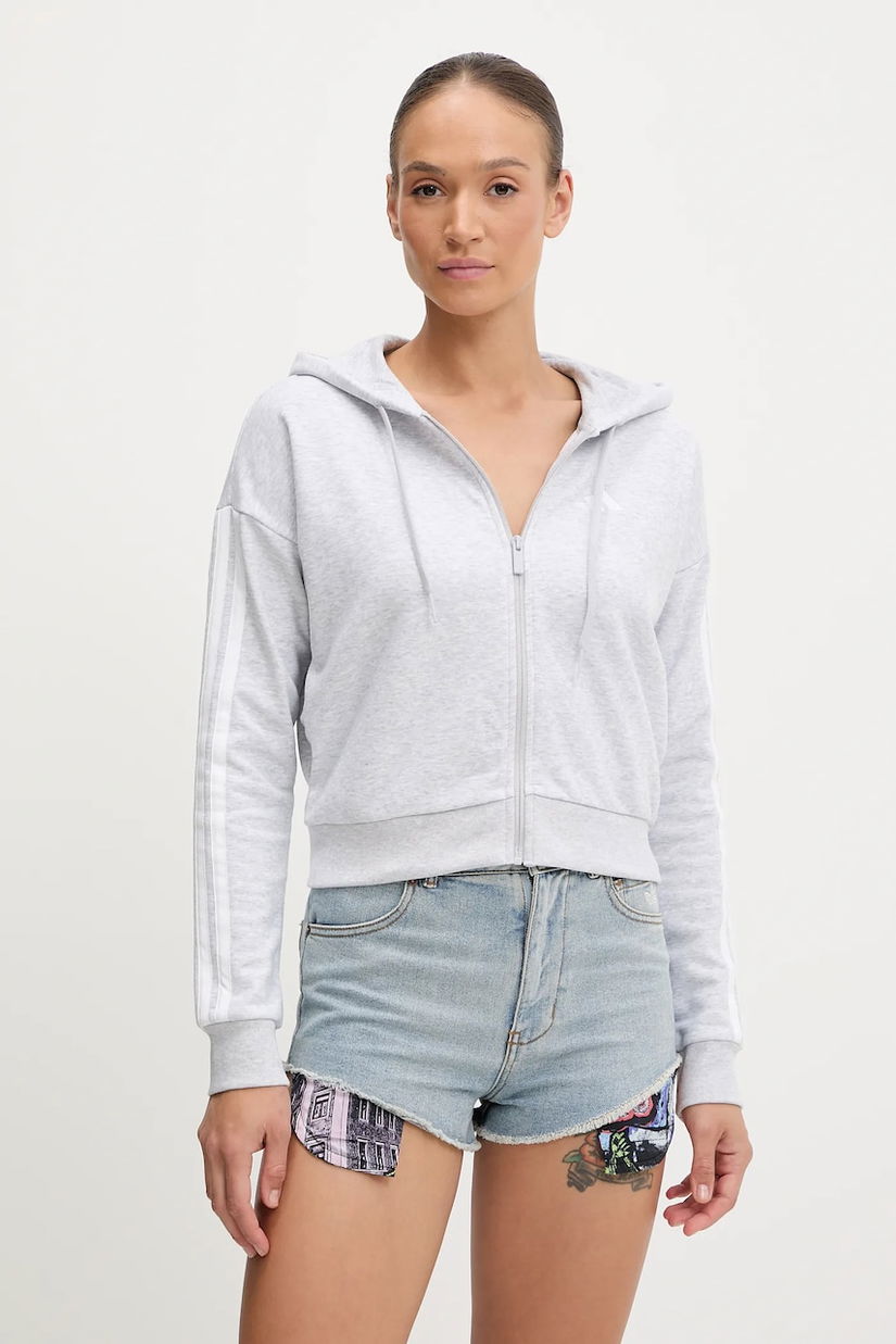 adidas bluză 3-Stripes culoarea gri, cu glugă, melanj, JX7648