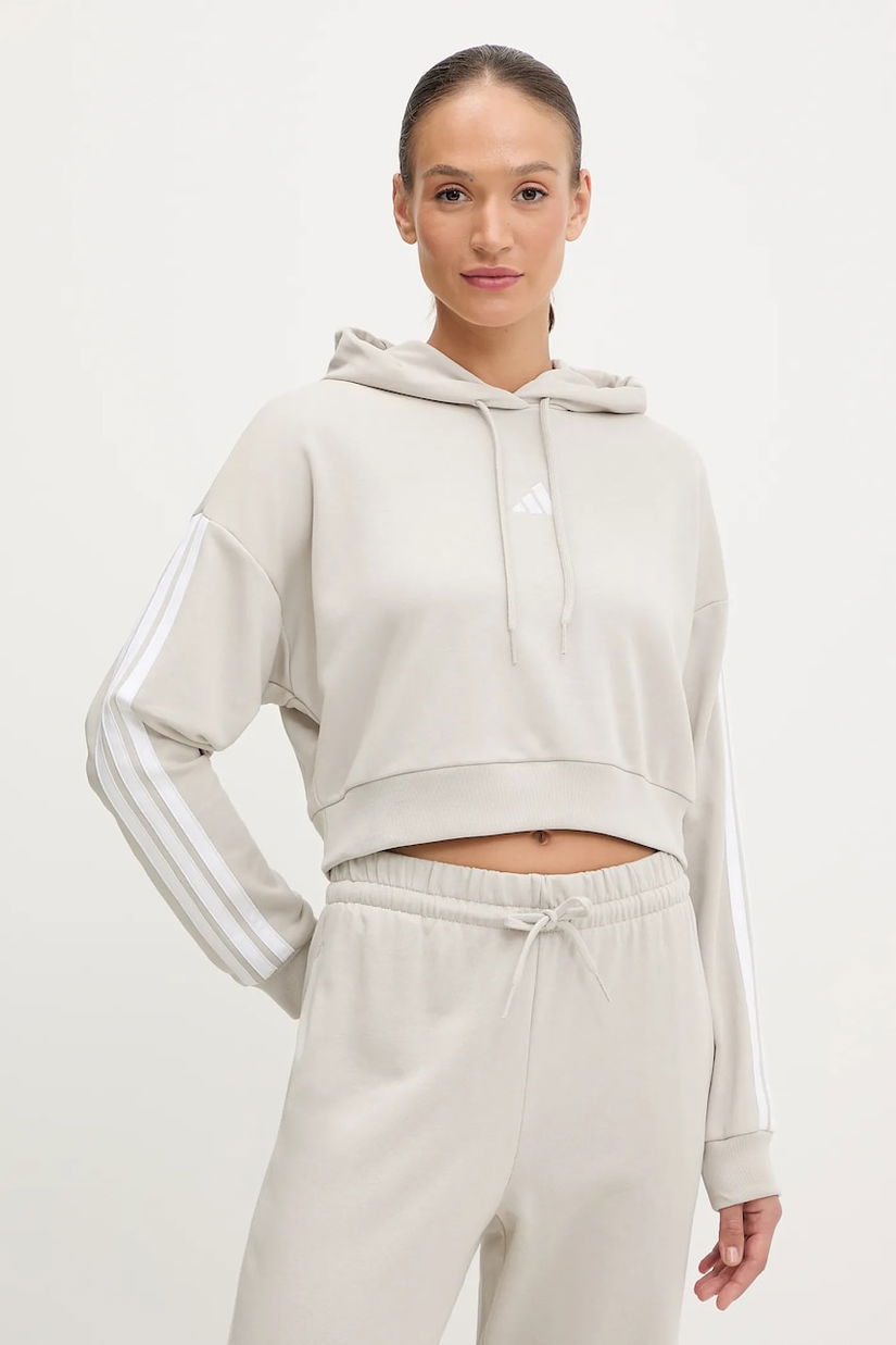 adidas bluză 3-Stripes culoarea bej, cu glugă, cu imprimeu, JX7634