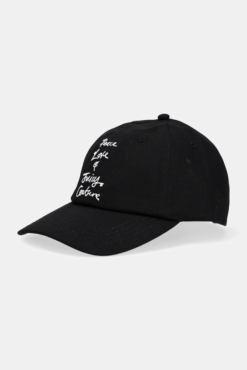 Juicy Couture șapcă de baseball din bumbac PEACE LOVE AND JUICY CAP culoarea negru, cu imprimeu, JCAWH225703