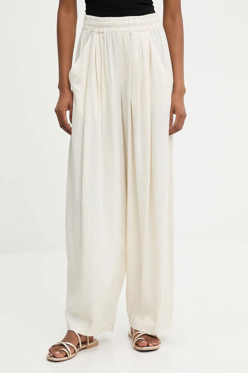 Answear Lab pantaloni din in culoarea bej, drept, high waist