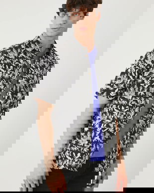 Medicine camasa din amestec de in culoarea negru, cu guler clasic, regular