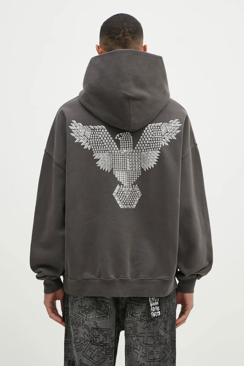 KSUBI hanorac de bumbac Eagle Ekcess bărbați, culoarea gri, cu glugă, cu imprimeu, MPS25FL009