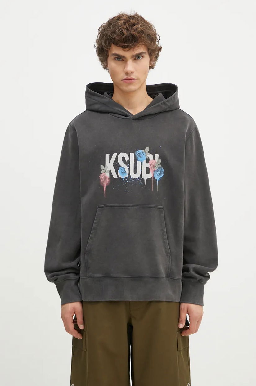 KSUBI hanorac de bumbac Graff Rose Kash Hoodie barbati, culoarea gri, cu glugă, cu imprimeu, MPF24FL010