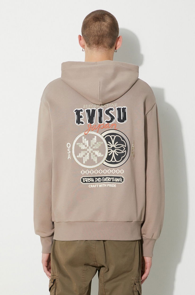 Evisu hanorac de bumbac Double Kamon EMB bărbați, culoarea bej, cu glugă, cu imprimeu, 2EAHTM3SW1076RXCT