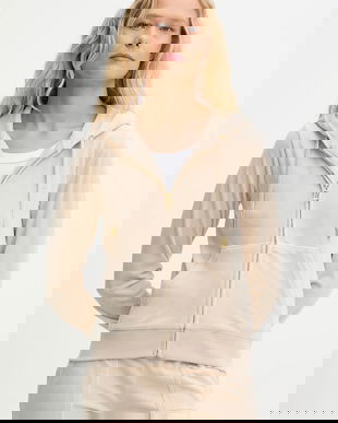 Juicy Couture bluză ROBERTSON HOODIE culoarea bej, cu glugă, cu imprimeu, JCAP176G