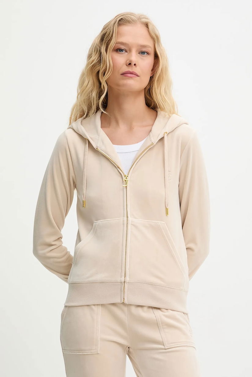 Juicy Couture bluză ROBERTSON HOODIE culoarea bej, cu glugă, cu imprimeu, JCAP176G