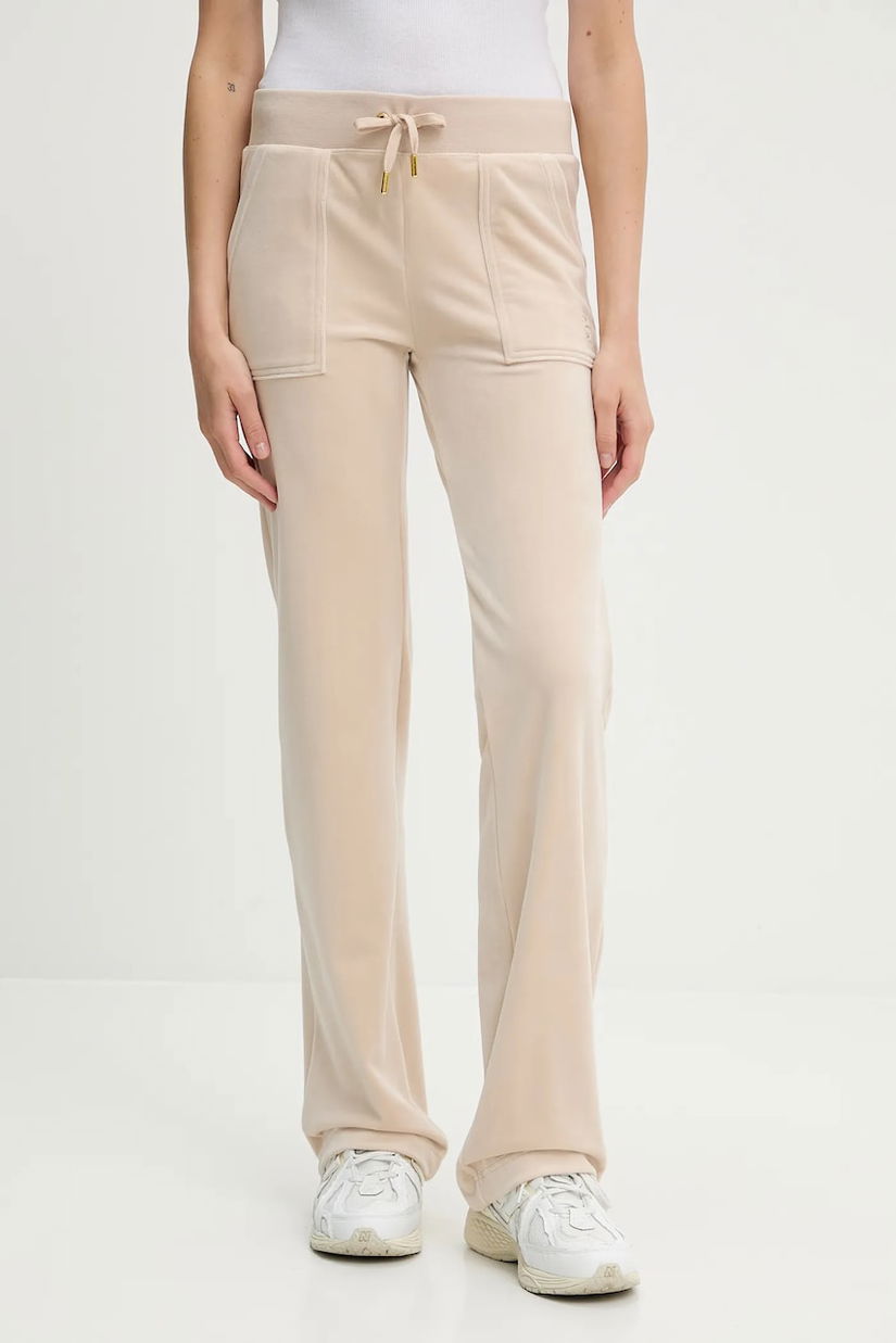 Juicy Couture pantaloni de trening din velur DEL RAY POCKETED PANT culoarea bej, uni, JCAP180G