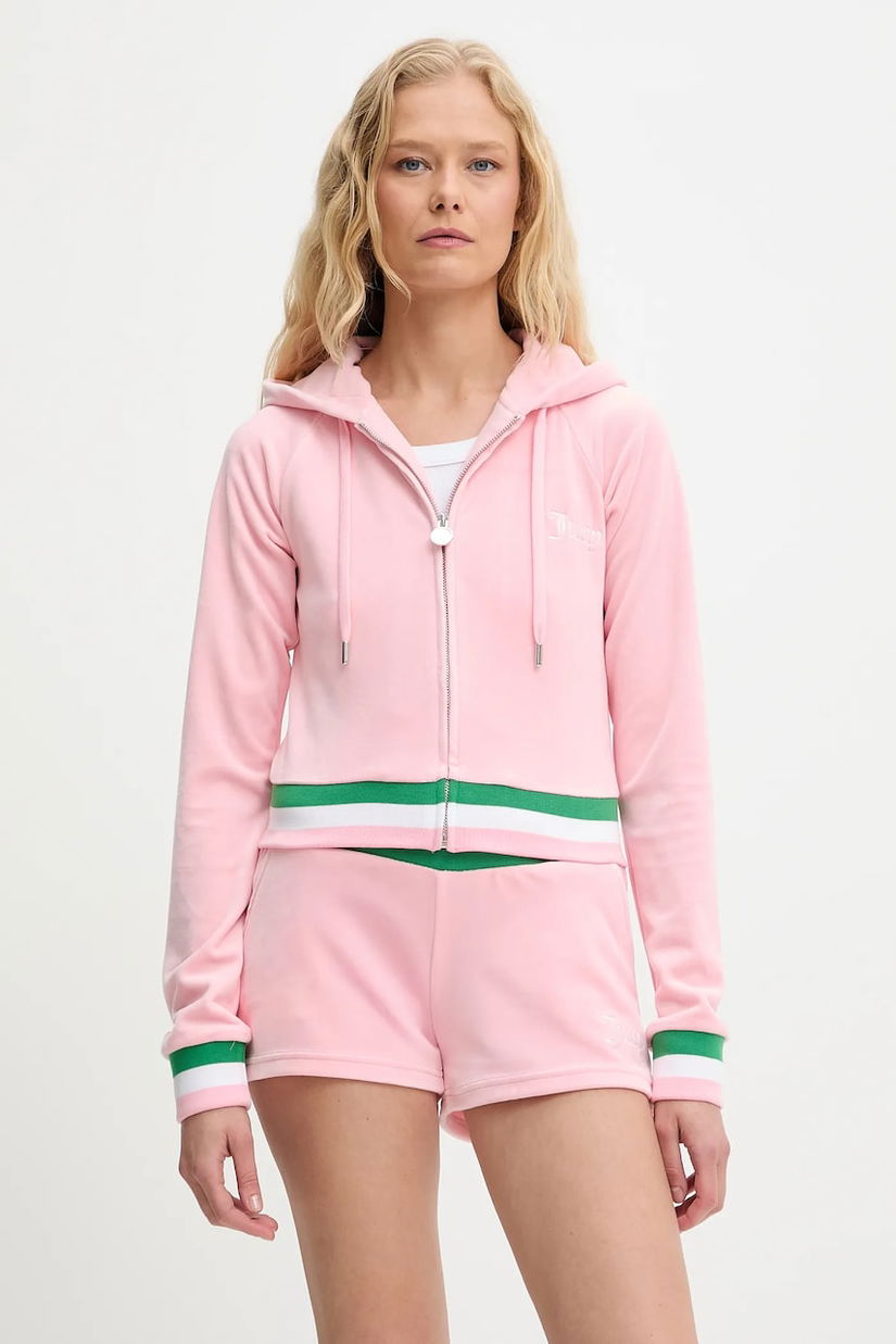 Juicy Couture bluză VELOUR CROPPED STRIPE HOODIE culoarea roz, cu glugă, cu imprimeu, JCWAS225351