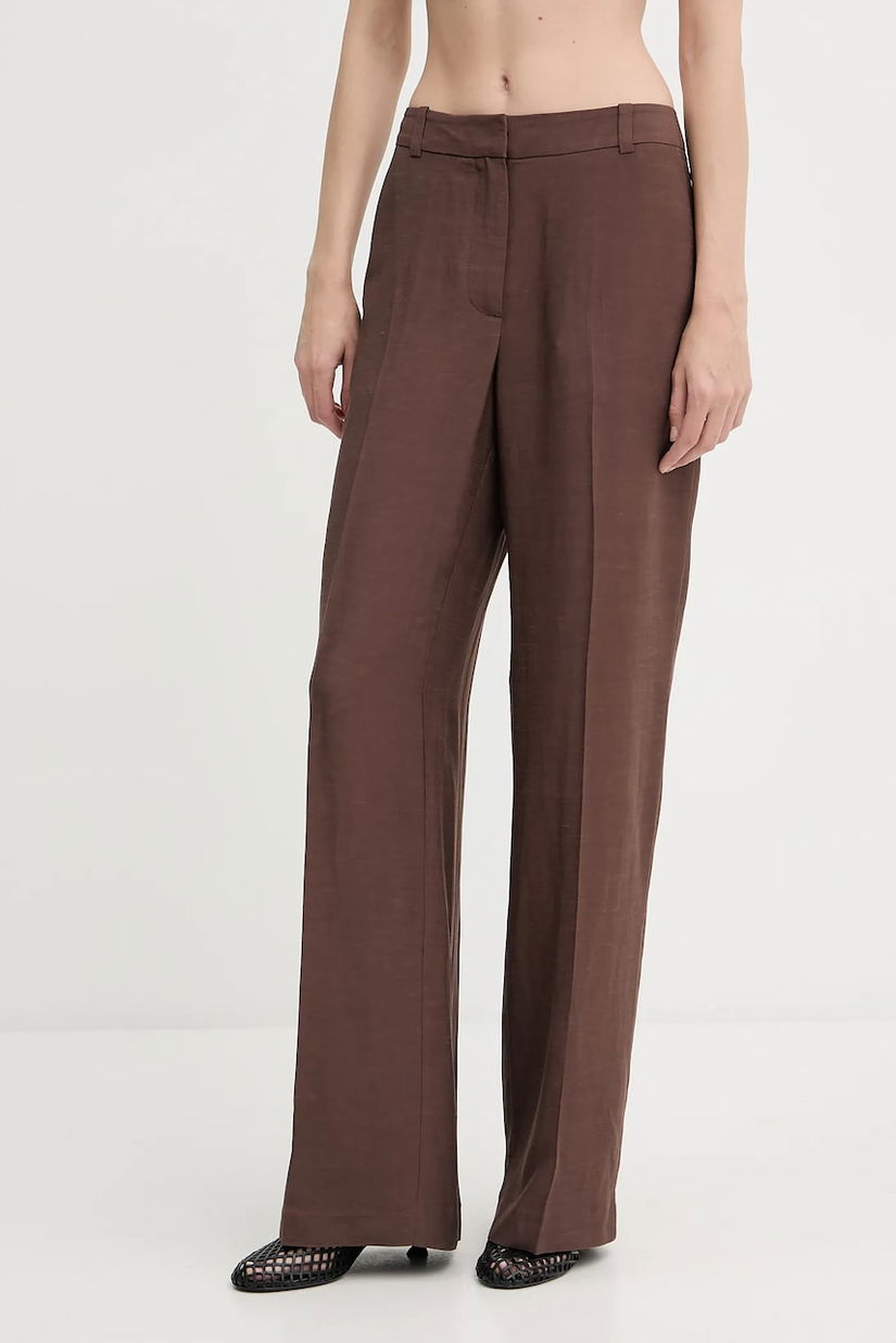 Samsoe Samsoe pantaloni din amestec de in SALARAY culoarea maro, lat, high waist, F25200023