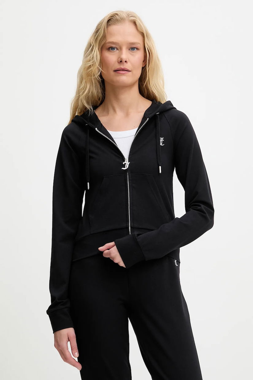 Juicy Couture bluză SINGLE JERSEY OLA HOODIE culoarea negru, cu glugă, cu imprimeu, JCWAS125310
