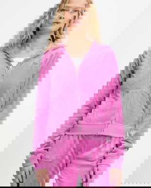 Juicy Couture bluză HERITAGE ROBYN HOODIE culoarea roz, cu glugă, cu imprimeu, JCSEBJ007G