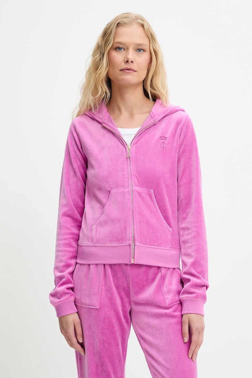 Juicy Couture bluză HERITAGE ROBYN HOODIE culoarea roz, cu glugă, cu imprimeu, JCSEBJ007G