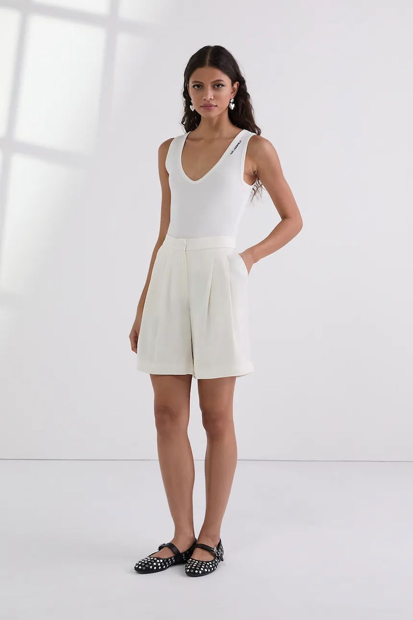 Karl Lagerfeld pantaloni scurți culoarea bej, uni, high waist, A3W10097