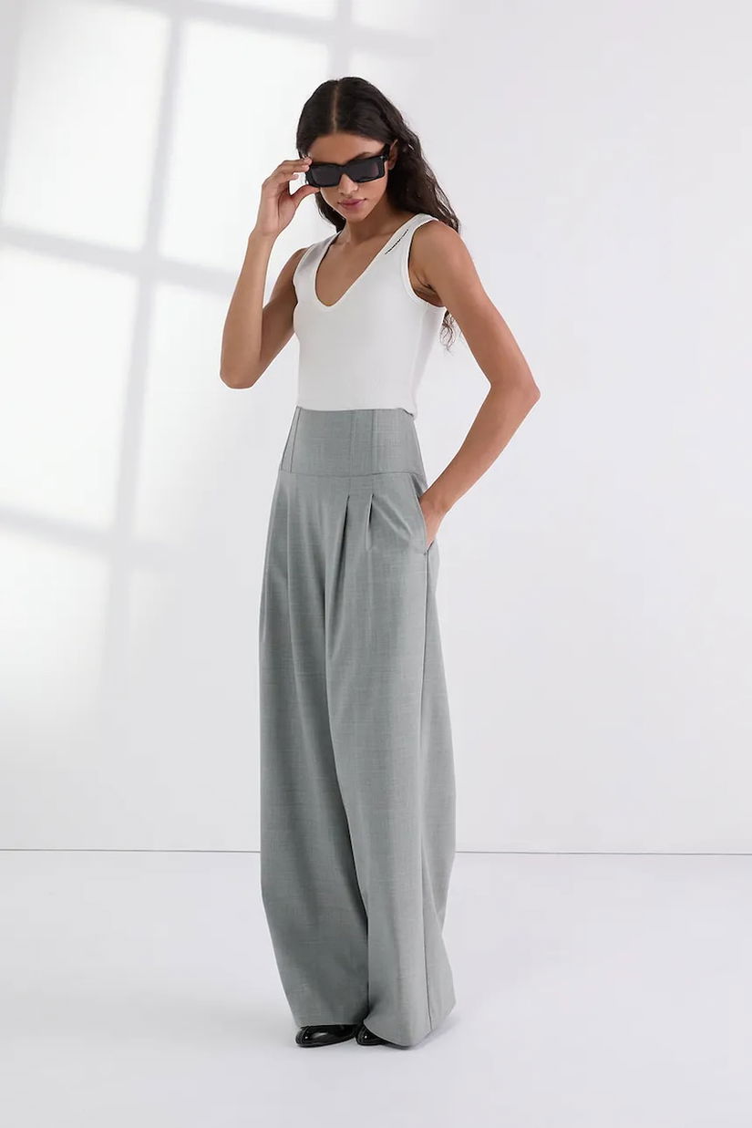 Karl Lagerfeld pantaloni de lână culoarea gri, lat, high waist, A3W10100