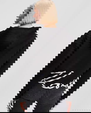 Karl Lagerfeld bluză HEM SIGNATURE culoarea negru, cu glugă, cu imprimeu, A3W20067