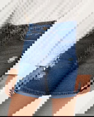 Answear Lab pantaloni scurti jeans culoarea albastru marin, neted, high waist