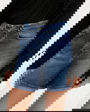 Answear Lab pantaloni scurti jeans culoarea albastru marin, neted, high waist