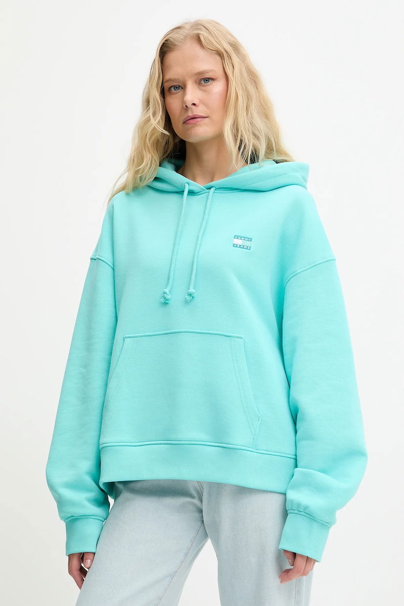 Tommy Jeans hanorac de bumbac culoarea roz, cu glugă, cu imprimeu, DW0DW19414