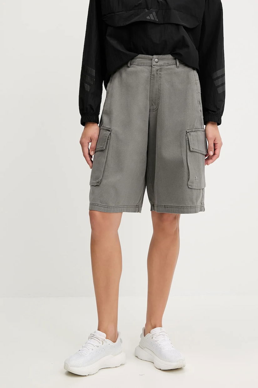 adidas Originals pantaloni scurți jeans Cargo Jorts culoarea gri, uni, high waist, JD0139