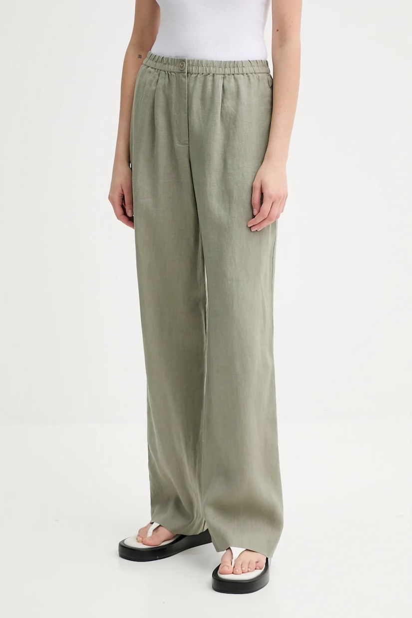 Samsoe Samsoe pantaloni din in SATOVE culoarea verde, drept, high waist, F25100016