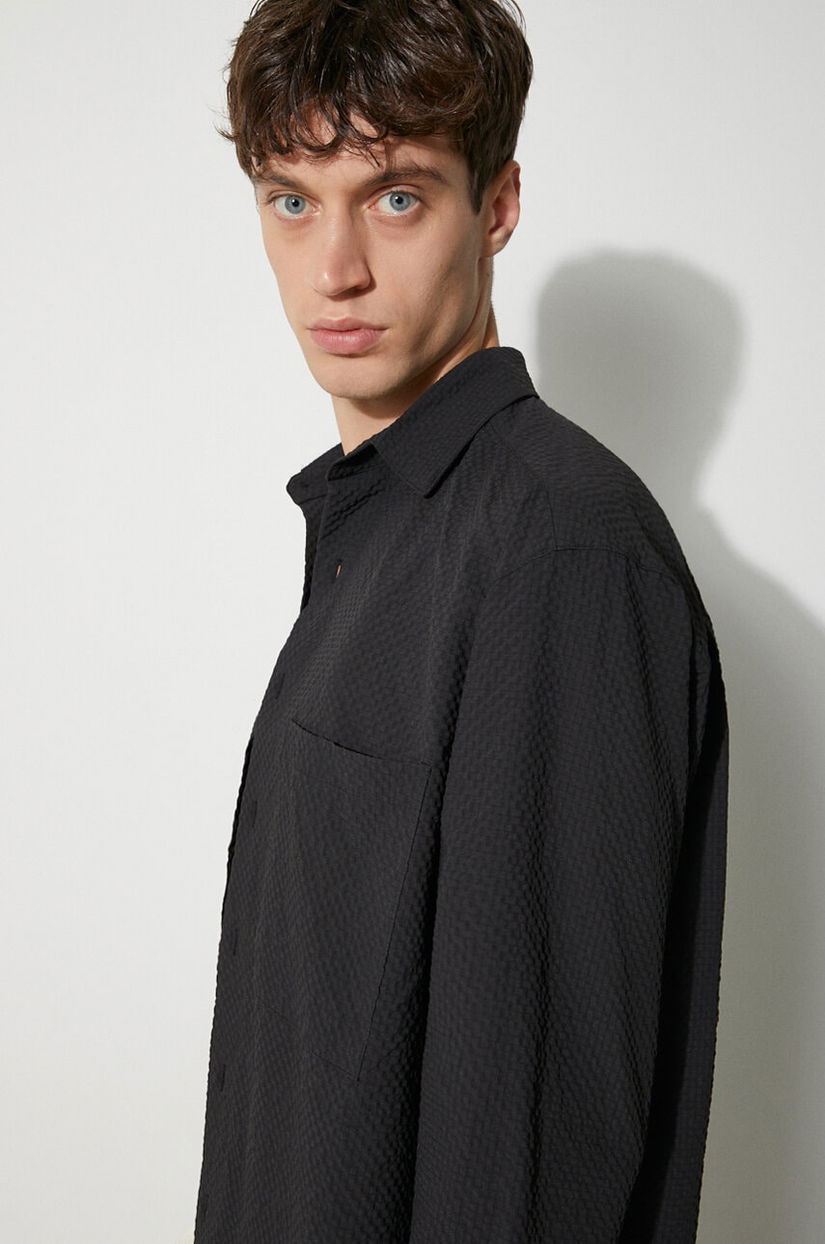 MKI MIYUKI ZOKU camasa Seersucker Dress Shirt barbati, culoarea negru, cu guler clasic, regular, SEERSUCKER.DRESS.SHIRT