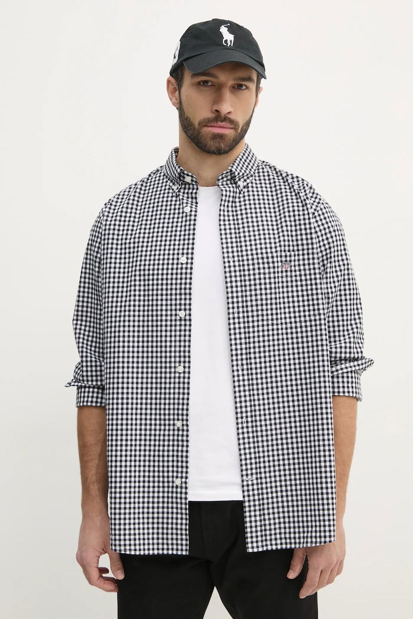 Gant camasa din bumbac barbati, culoarea negru, cu guler button-down, regular