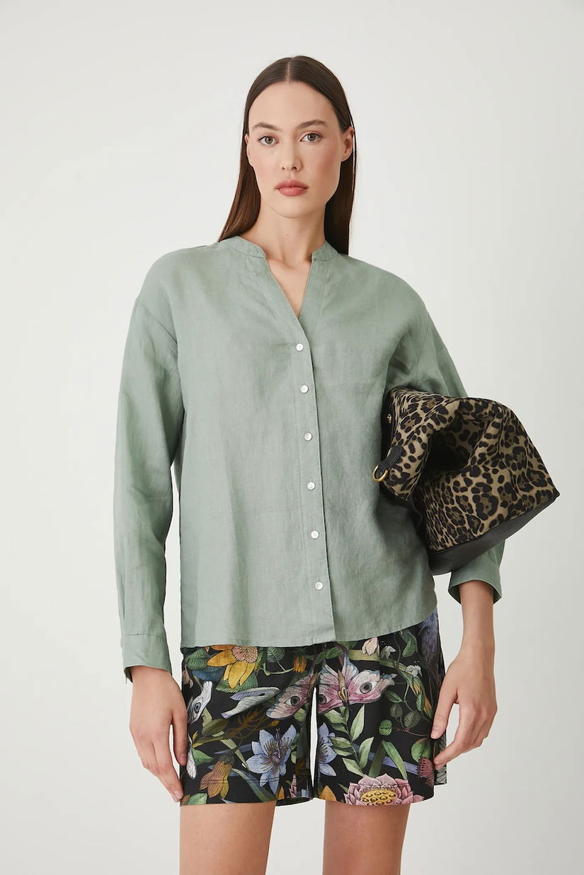 Medicine bluza din in culoarea verde, neted