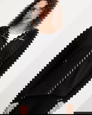 Dkny bluză culoarea negru, cu glugă, cu imprimeu, DP5J9666