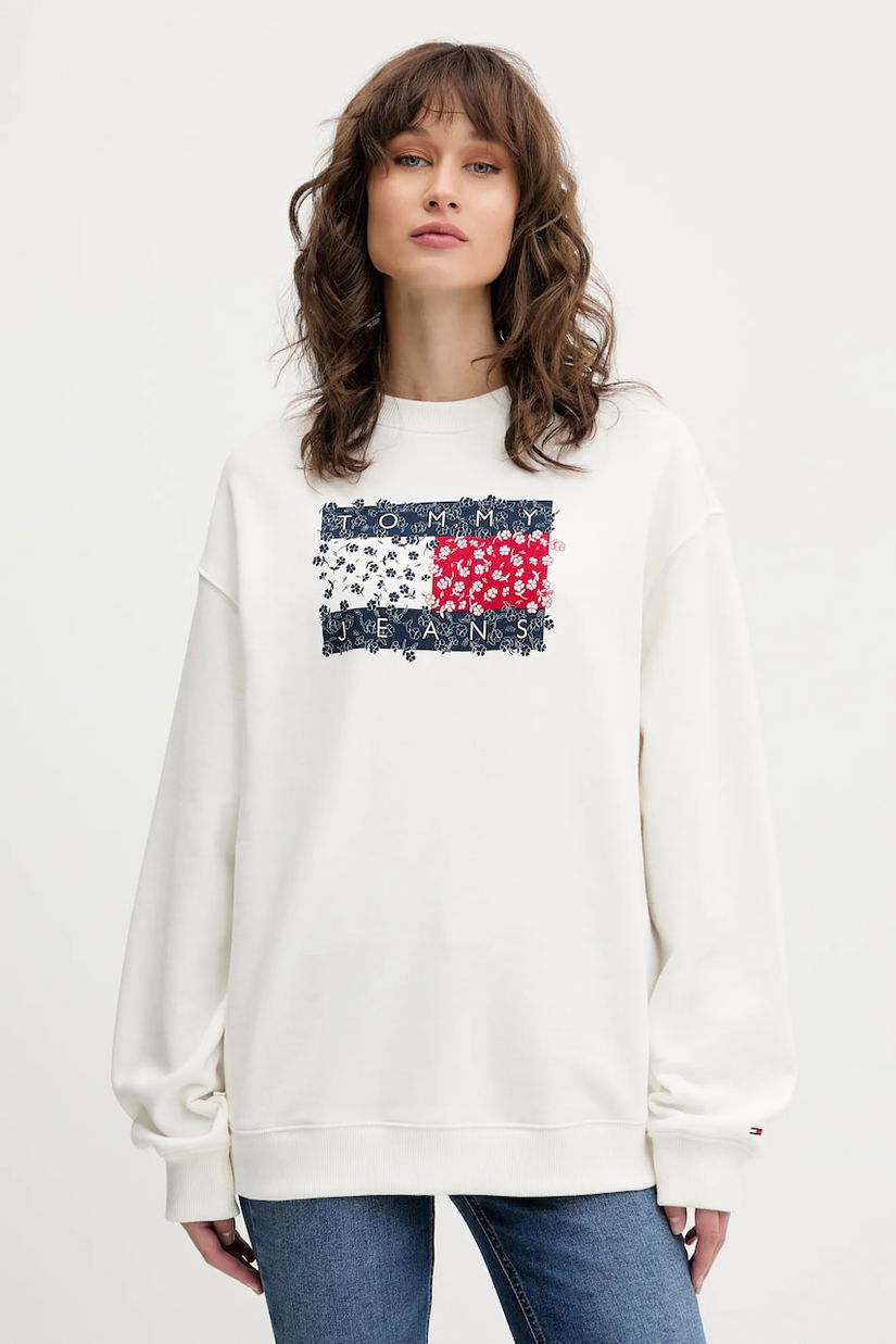 Tommy Jeans hanorac de bumbac culoarea alb, cu imprimeu, DW0DW20933