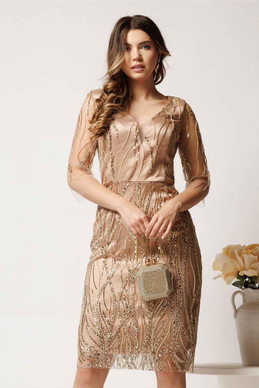 Rochie midi conica bej din tull cu paiete- Ella Collection Ingrid