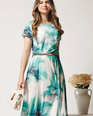 Rochie midi alba cu imprimeu verde din lycra in clos