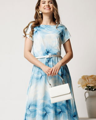 Rochie midi bleu cu imprimeu alb din lycra in clos