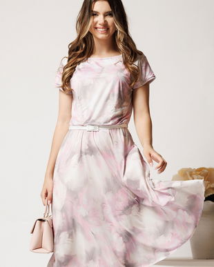 Rochie midi gri cu imprimeu roz din lycra in clos