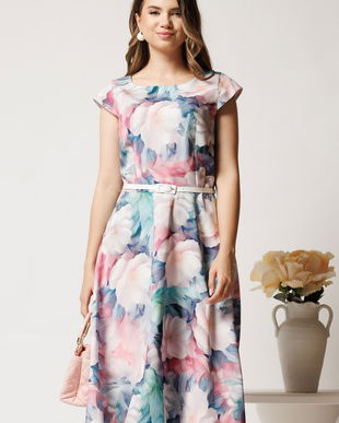 Rochie midi turcoaz cu roz in clos cu buzunare si curea in talie
