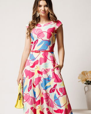 Rochie midi bej cu imprimeu fucsia si galben in clos cu buzunare si curea in talie